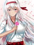  1girl absurdres blush doradorazz eyebrows_visible_through_hair flower flower_request hairband highres holding holding_flower kantai_collection long_hair looking_at_viewer one-hour_drawing_challenge red_hairband shoukaku_(kancolle) smile solo twitter_username upper_body violet_eyes white_hair 