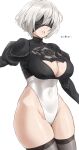  1girl absurdres bangs blindfold blush breasts cleavage_cutout clothing_cutout covered_navel feather-trimmed_sleeves highleg highleg_leotard highres hotate-chan juliet_sleeves large_breasts leotard long_sleeves mole mole_under_mouth nier_(series) nier_automata parted_lips puffy_sleeves short_hair silver_hair solo white_leotard yorha_no._2_type_b 