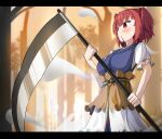  1girl bangs eyebrows_visible_through_hair ghost hair_bobbles hair_ornament holding holding_scythe in_mouth obi onozuka_komachi outdoors red_eyes redhead sash scythe short_hair short_sleeves spam_(spamham4506) standing touhou tree twintails two_side_up 