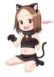  1girl :d animal_ear_fluff animal_ears animal_hands atg_(wttoo0202) bangs bare_shoulders bell black_footwear black_gloves black_hairband black_shirt black_skirt blush brown_eyes brown_hair cat_ears cat_tail cat_teaser child commentary_request crop_top fake_animal_ears fang flat_chest forehead full_body fur-trimmed_gloves fur-trimmed_skirt fur_trim gloves hairband highres jingle_bell karakai_jouzu_no_(moto)_takagi-san looking_at_viewer midriff navel nishikata_chii parted_bangs paw_gloves paw_shoes shirt simple_background skirt sleeveless sleeveless_shirt smile solo tail white_background 