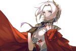  1girl alternate_costume alternate_hairstyle armor axe breastplate breasts cape edelgard_von_hresvelg fire_emblem fire_emblem:_three_houses fire_emblem_warriors fire_emblem_warriors:_three_hopes gloves hair_ornament hair_ribbon highres kashia long_hair long_sleeves looking_at_viewer official_alternate_costume official_alternate_hairstyle red_cape ribbon simple_background skirt solo violet_eyes weapon white_hair 