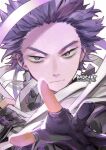  1boy artist_name bags_under_eyes bandages boku_no_hero_academia forehead kadeart looking_at_viewer male_focus messy_hair open_hand purple_hair shinsou_hitoshi simple_background solo spiky_hair upper_body violet_eyes weapon white_background 
