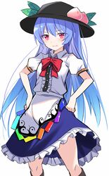  1girl black_headwear blue_hair blue_skirt blush boots buttons center_frills collared_shirt e.o. eyebrows_visible_through_hair feet_out_of_frame food frilled_skirt frills fruit hair_between_eyes hat highres hinanawi_tenshi knee_boots long_hair open_mouth peach puffy_short_sleeves puffy_sleeves rainbow_order red_eyes shirt short_sleeves simple_background skirt solo touhou white_background white_shirt 