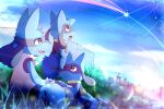  blue_sky cityscape from_side furry grass highres kinozel1 looking_at_another looking_up lucario no_humans outdoors pokemon riolu shooting_star sky twilight 