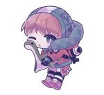  1girl :o apex_legends bangs blonde_hair blue_eyes blue_headwear blush bodysuit cfcult7825 chibi eyebrows_visible_through_hair holding holding_stuffed_toy hood hooded_jacket jacket looking_at_viewer nessie_(respawn) open_mouth orange_jacket solo stuffed_toy wattson_(apex_legends) white_background white_bodysuit 