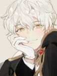  1boy blush formal gloves head_rest kuzuvine looking_at_viewer lord_(lord_of_heroes) lord_of_heroes male_focus pale_skin smile solo white_hair yellow_eyes 