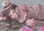  &gt;_&lt; 1girl absurdres apron bandaged_leg bandages bangs blood blood_bag blue_skirt blush breasts brown_hair collared_shirt cowboy_shot danganronpa_(series) danganronpa_2:_goodbye_despair hat heart heart_print highres long_hair lying medium_breasts nurse nurse_cap on_side open_mouth pink_blood pink_eyes pink_shirt puffy_short_sleeves puffy_sleeves sanrio shirt short_sleeves skirt sweatdrop tsumiki_mikan uminekohigurasinonakukoroni 