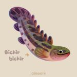  animal animal_focus arrow_(symbol) artist_name bichir_polypterus closed_mouth commentary english_commentary fins no_humans original pikaole simple_background smile tail_fin tan_background watermark 