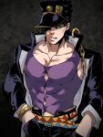  1boy adapted_costume anger_vein black_hair blue_eyes bracelet bursting_pectorals buttoned_up hands_in_pockets hat jewelry jojo_no_kimyou_na_bouken kujo_jotaro large_pectorals less_end long_coat male_focus muscular muscular_male pectorals solo stardust_crusaders 