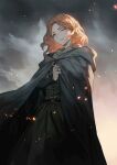  1girl blonde_hair cape clouds cloudy_sky elden_ring embers grey_cape highres hood hooded_cape lack long_hair looking_at_viewer melina_(elden_ring) one_eye_closed scar scar_across_eye sky solo yellow_eyes 