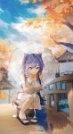  1girl absurdres bare_shoulders blue_sky braid cat clouds cloudy_sky day double_bun dress feet full_body genshin_impact highres holding holding_umbrella keqing_(genshin_impact) outdoors purple_hair sandals sky sleeveless sleeveless_dress smile solo squatting swkl:d toeless_legwear tree twintails umbrella violet_eyes white_dress 