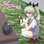  1girl :d ada_badguy alternate_costume anchovy_(girls_und_panzer) bench black_ribbon blue_neckwear bracelet brown_footwear camera cat cat_day dated drill_hair eyebrows_visible_through_hair full_body girls_und_panzer green_hair grey_skirt grey_vest hair_ribbon highres holding holding_camera italian_flag_print jewelry loafers long_hair necktie red_eyes ribbon school_uniform shirt shoes short_sleeves skirt smile squatting striped_neckwear thigh-highs twin_drills vest white_legwear white_shirt 