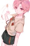  1boy child collared_shirt joshua_levinth kuzuvine looking_at_viewer lord_of_heroes male_focus pale_skin pink_hair shirt shorts solo violet_eyes white_background 