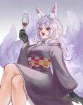  1girl alcohol animal_ear_fluff bangs black_gloves black_kimono black_ribbon breasts checkered_obi crossed_legs cup drinking_glass eyebrows_visible_through_hair eyeshadow fang fox_girl fox_tail gloves highres holding holding_cup japanese_clothes kimono lai_chee makeup medium_breasts multiple_tails neck_ribbon nijisanji nijisanji_en nina_kosaka off_shoulder open_mouth red_eyes red_eyeshadow ribbon sitting smile solo tail virtual_youtuber wine wine_glass 