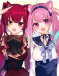  2girls absurdres ahoge anfuji_uiro animal_ears blue_hair blush bow bowtie braid breasts cat_ears cat_girl eyebrows_visible_through_hair fang hair_between_eyes hairband heterochromia highres hololive houshou_marine looking_at_viewer medium_breasts minato_aqua multicolored_hair multiple_girls open_mouth purple_hair red_eyes redhead salute skin_fang teeth tongue twin_braids twintails two-tone_hair upper_body violet_eyes yellow_eyes 