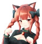  1girl :3 adapted_costume animal_ear_fluff animal_ears bangs black_bow blunt_bangs blush bow braid breasts cat_ears cleavage_cutout clothing_cutout dress eyebrows_visible_through_hair glint green_dress hair_bow hands_up highres juliet_sleeves kaenbyou_rin kuneamorai long_hair long_sleeves looking_at_viewer medium_breasts paw_pose puffy_sleeves red_eyes redhead sidelocks simple_background slit_pupils solo touhou twin_braids twintails upper_body white_background 