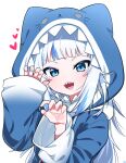  1girl :d animal_ears animal_hood bangs blue_eyes blue_hair blue_hoodie cat_ears cat_hood claw_pose commentary eyebrows_visible_through_hair fake_animal_ears gawr_gura hands_up heart highres hololive hololive_english hood hood_up hoodie long_hair long_sleeves looking_at_viewer multicolored_hair silver_hair simple_background sleeves_past_wrists smile solo streaked_hair tosyeo upper_body virtual_youtuber white_background 