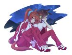  2girls animal_ears brown_hair closed_mouth commentary_request daiwa_scarlet_(umamusume) full_body gym_uniform highres horse_ears horse_girl horse_tail hoyon jacket long_hair long_sleeves looking_at_viewer multicolored_hair multiple_girls night night_sky red_eyes redhead shoes sitting sky streaked_hair tail tiara track_jacket twintails umamusume vodka_(umamusume) white_background white_footwear white_hair 