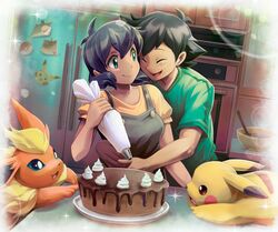 1boy 1girl :3 ^_^ absurdres antenna_hair apron ash_ketchum bangs black_apron black_hair blue_eyes blue_hair blush_stickers border breasts brown_eyes cake closed_eyes closed_mouth commentary commission cooking cream english_commentary eyebrows_visible_through_hair flareon food green_shirt hand_up happy highres holding hug hug_from_behind icing indoors koriarredondo looking_at_another looking_back lying mixing_bowl notes on_stomach open_mouth original oven paper pastry_bag pikachu plate poke_ball_symbol poke_ball_theme pokemon pokemon_(anime) pokemon_(creature) refrigerator shiny shiny_hair shirt short_hair short_sleeves sidelocks small_breasts smile sparkle standing table upper_body white_border yellow_shirt