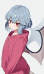  1girl alternate_costume bangs bat_wings blue_hair blush closed_mouth commentary_request eyebrows_visible_through_hair eyes_visible_through_hair garasuno grey_background grey_skirt hair_between_eyes hand_in_pocket highres hood hoodie long_sleeves no_hat no_headwear pink_hoodie red_eyes remilia_scarlet short_hair simple_background skirt solo standing touhou v-shaped_eyebrows wings 