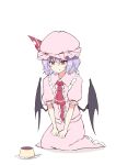 1girl bat_wings bow deetamu dress fang food frilled_shirt frilled_shirt_collar frilled_sleeves frills hands_on_lap hat hat_ribbon highres kneeling light_purple_hair looking_down mob_cap napkin pink_dress pudding puffy_short_sleeves puffy_sleeves purple_hair red_bow red_eyes red_ribbon remilia_scarlet ribbon ribbon_trim shirt short_hair short_sleeves simple_background solo spoon touhou vampire white_background wings 