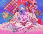  1girl abstract barefoot bed_sheet blue_hair cable colorful fig head_tilt highres holding holding_scissors indian_style ligne_claire long_hair long_sleeves looking_up miyoviyo original parted_lips plant scissors shirt short_shorts shorts sitting solo violet_eyes 
