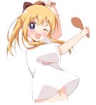  1girl blonde_hair blush bow hair_bow hair_brush hair_ornament haru_(konomi_150) long_hair looking_at_viewer mirror navel one_eye_closed open_mouth shiny shiny_hair shiny_skin shirt simple_background smile solo toshinou_kyouko upper_body white_background white_shirt yuru_yuri 