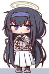  1girl :&lt; bangs black_hair black_legwear blue_archive blue_eyes blue_hairband blue_ribbon blush book chibi closed_mouth eyebrows_visible_through_hair grey_footwear grey_jacket hair_between_eyes hair_ribbon hairband hana_kazari highres jacket long_hair long_sleeves looking_at_viewer low_twintails object_hug off_shoulder pantyhose pleated_skirt ribbon sailor_collar shirt shoes skirt solo twintails ui_(blue_archive) very_long_hair white_sailor_collar white_shirt white_skirt 