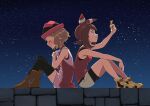  2girls back-to-back bare_arms bike_shorts bike_shorts_under_shorts black_legwear blue_ribbon blush boots bow_hairband brown_footwear brown_hair closed_eyes commentary dress from_side hairband hat highres holding may_(pokemon) multiple_girls neck_ribbon night outdoors own_hands_together parted_lips pokemon pokemon_(anime) pokemon_(game) pokemon_oras pokemon_xy_(anime) red_hairband ribbon serena_(pokemon) shirt shoes short_hair shorts sitting sky sleeveless sleeveless_shirt smile star_(sky) stone_wall suitenan thigh-highs wall yellow_footwear 