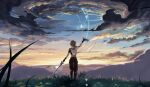  1boy absurdres aether_(genshin_impact) armor blonde_hair clouds colorful dandelion fantasy flower genshin_impact highres inga2ooo long_hair mountain mountainous_horizon orange_sky outdoors scenery sky solo sunset sword weapon 