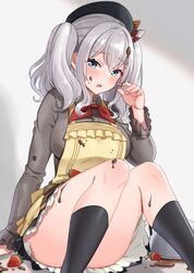  1girl apron beret black_headwear black_legwear blue_eyes blush breasts chocolate collared_shirt eyebrows_visible_through_hair food fruit grey_shirt grey_skirt hair_between_eyes hat kantai_collection kashima_(kancolle) kerchief kneehighs large_breasts long_sleeves mixing_bowl natsume_(natsume_melio) neckerchief open_mouth red_neckerchief shirt short_hair silver_hair skirt solo strawberry twintails yellow_apron 