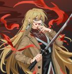  1girl alternate_costume arong aura bangs blonde_hair blood blood_on_hands blood_on_weapon buttons earrings fangs glasses hand_on_own_chin jacket jewelry long_hair long_sleeves looking_at_viewer matara_okina necklace open_mouth orange_eyes smile solo sword tongue touhou upper_body very_long_hair weapon 