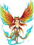 1girl artist_request bare_shoulders belt bird_legs blue_eyes blush denim denim_shorts eyebrows_visible_through_hair feathered_wings feathers fi_(monster_musume) frilled_shirt frills full_body harpy jewelry long_hair monster_girl monster_musume_no_iru_nichijou monster_musume_no_iru_nichijou_online multicolored_wings multiple_tails necklace official_art open_mouth orange_hair rainbow_order shirt shorts solo strapless tail talons transparent_background tube_top twintails winged_arms wings 