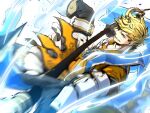  1boy armored_boots bangs black_gloves black_pants blonde_hair boots clenched_teeth fighting_stance ganmo_16 gloves granblue_fantasy green_eyes holding holding_weapon male_focus pants short_hair solo teeth vambraces vane_(granblue_fantasy) weapon 
