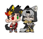  2boys :&lt; :3 animal_ears bbeard3 black_hair cat_ears cat_tail chibi crossed_arms dog_ears dog_tail extra_ears greek_clothes green_eyes hades_(game) heterochromia hood hood_up laurel_crown male_focus multiple_boys red_eyes silver_hair skull tail thanatos_(hades) yellow_eyes zagreus_(hades) 