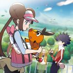  1boy 2girls :d absurdres bag bianca_(pokemon) black_legwear blue_eyes bow bright_pupils brown_hair clouds commentary_request day double_bun glasses green_pants hat hat_bow highres holding holding_poke_ball holding_pokemon hood hooded_jacket hugh_(pokemon) jacket legwear_under_shorts long_hair multiple_girls official_art open_clothes open_jacket open_mouth orange_jacket outdoors pants pantyhose pink_bow poke_ball poke_ball_(basic) pokemon pokemon_(creature) pokemon_(game) pokemon_bw2 raglan_sleeves red-framed_eyewear rosa_(pokemon) semi-rimless_eyewear shirt short_shorts shorts sky sleeves_past_elbows smile starly teeth tepig twintails upper_teeth v-neck visor_cap white_bow white_pupils white_shirt yellow_shorts 