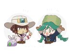  1boy 1girl :d bebe_0620 blush_stickers braid bright_pupils brown_bag brown_eyes brown_hair brown_mittens commentary_request eyelashes fur_hat goomy green_eyes green_hair green_headwear hand_up hat index_finger_raised jacket lian_(pokemon) long_hair long_sleeves notice_lines open_mouth pokemon pokemon_(creature) pokemon_(game) pokemon_legends:_arceus sabi_(pokemon) short_hair smile twin_braids twintails white_headwear white_pupils 