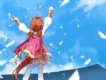  1girl animal_ears arms_up cape clouds ear_piercing feet_out_of_frame from_behind gloves highres horse_ears horse_girl horse_tail jewelry multiple_rings nanaheibei_3 orange_hair outdoors piercing pink_cape pink_skirt ring shirt short_hair single_glove skirt sky solo standing t.m._opera_o_(umamusume) tail thigh-highs two-tone_skirt umamusume white_gloves white_legwear white_shirt white_skirt 