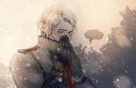  ... 1boy blue_eyes blush covering_mouth elf gloves hand_over_own_mouth lord_of_heroes machamyo mikhail_blake pale_skin pointy_ears thought_bubble white_hair 