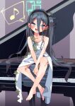  1girl absurdly_long_hair arisu_(blue_archive) barefoot between_legs black_hair blue_archive blue_eyes blush crossed_legs dress grand_piano hairband halo hand_between_legs highres instrument koyansuee long_hair music musical_note own_hands_together piano plant singing sitting_on_piano spoken_musical_note twitter_username very_long_hair white_dress 