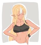  1girl alternate_costume black_bra blonde_hair bra breasts closed_eyes collarbone commentary cropped_torso dark-skinned_female dark_skin eyebrows_visible_through_hair grey_background hands_on_hips highres hololive komipe512 long_hair medium_breasts multicolored_hair navel outline pointy_ears puckered_lips shiranui_flare simple_background solo sports_bra stomach streaked_hair sweat sweatband two-tone_hair underwear upper_body virtual_youtuber white_hair 