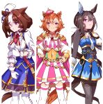  3girls admire_vega_(umamusume) ahoge animal_ears armor bangs between_breasts black_legwear blue_dress breasts brown_hair closed_mouth corset crown dress ear_piercing fingerless_gloves gloves hairband hand_on_hip highres horse_ears horse_girl horse_tail jewelry long_hair looking_at_viewer medium_breasts meisho_doto_(umamusume) mini_crown multicolored_hair multiple_girls nanaheibei_3 neckerchief necktie orange_hair piercing pink_skirt ponytail ring shirt shoulder_armor single_glove skirt smile standing strap_between_breasts t.m._opera_o_(umamusume) tail thigh-highs two-tone_hair two-tone_skirt umamusume white_gloves white_legwear white_neckerchief white_shirt white_skirt 