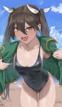  1girl :d absurdres ass_visible_through_thighs beach black_swimsuit blue_sky blush breasts brown_eyes brown_hair clouds cloudy_sky collarbone commentary covered_navel cowboy_shot day fang green_jacket hair_between_eyes hair_ribbon highleg highleg_swimsuit highres jacket kantai_collection leaning_forward long_hair looking_at_viewer medium_breasts ocean one-piece_swimsuit open_clothes open_jacket open_mouth outdoors ribbon ryudraw signature skin_fang skin_tight sky smile solo standing swimsuit symbol-only_commentary thighs tone_(kancolle) twintails white_ribbon 