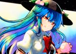blouse blue_hair bow buttons frills hat highres hinanawi_tenshi long_hair neck_ribbon puffy_short_sleeves puffy_sleeves qqqrinkappp red_bow red_eyes ribbon shirt short_sleeves touhou traditional_media white_blouse white_shirt