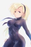  1girl blonde_hair bodysuit breasts closed_mouth hairband highres kunoichi_(live_a_live) live_a_live long_hair looking_at_viewer simple_background skin_tight solo very_long_hair white_background 