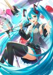  1girl :d absurdly_long_hair absurdres aqua_eyes aqua_hair aqua_nails aqua_necktie bangs bare_shoulders black_legwear black_skirt breasts cable cryturtle detached_sleeves drum drum_set drumsticks electric_guitar grey_shirt guitar hair_between_eyes hair_ornament hatsune_miku highres holding holding_microphone_stand instrument long_hair looking_at_viewer megaphone microphone microphone_stand miniskirt necktie open_hand open_mouth outstretched_arm pleated_skirt shirt sitting skirt sleeveless sleeveless_shirt small_breasts smile solo suspenders thigh-highs thighs very_long_hair vocaloid zettai_ryouiki 