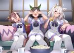  3girls biwa_hayahide_(umamusume) brown_hair commentary_request couch crying food long_hair mofu_namako multiple_girls narita_taishin_(umamusume) open_mouth popcorn school_uniform short_hair sitting thigh-highs tracen_school_uniform umamusume white_background winning_ticket_(umamusume) 