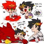  1boy bbeard3 black_hair blood blood_on_face cerberus_(hades) chibi dog english_text greek_clothes green_eyes hades_(game) heart heterochromia laurel_crown male_focus pool_of_blood red_eyes single_bare_shoulder skull zagreus_(hades) 