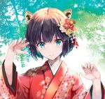  1girl bangs black_hair blue_eyes bob_cut closed_mouth commentary day floral_print flower furisode hair_flower hair_ornament highres japanese_clothes kimono long_sleeves looking_at_viewer original outdoors print_kimono red_kimono short_hair smile solo textless upper_body uu-tan_(hushigi10) wide_sleeves 