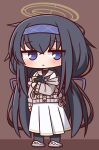  1girl :&lt; bangs black_hair black_legwear blue_archive blue_eyes blue_hairband blue_ribbon blush book brown_background chibi closed_mouth eyebrows_visible_through_hair grey_footwear grey_jacket hair_between_eyes hair_ribbon hairband hana_kazari highres jacket long_hair long_sleeves looking_at_viewer low_twintails object_hug off_shoulder pantyhose pleated_skirt revision ribbon sailor_collar shirt shoes skirt solo twintails two-tone_background ui_(blue_archive) very_long_hair white_sailor_collar white_shirt white_skirt 